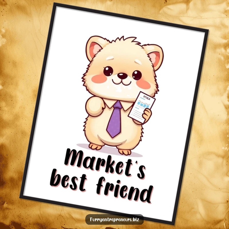 Funny animal stock poster art of a fluffy creature in a tie, enthusiastically presenting a miniature stock chart, perfect for quirky decor.