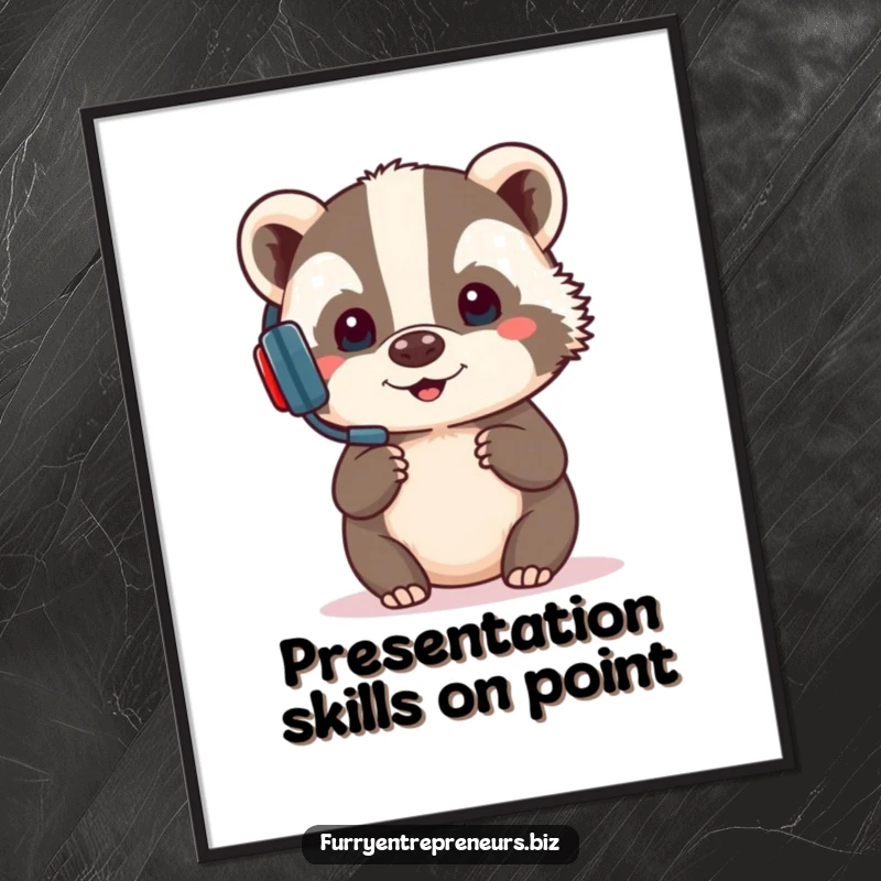 Funny poster print of a focused badger with a headset, delivering a presentation with comical intensity, ideal for office or study decor.