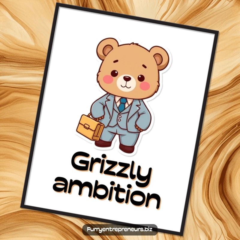 Funny poster featuring a cute bear in a tiny suit with a briefcase, embodying professional charm and humor for wall decor.