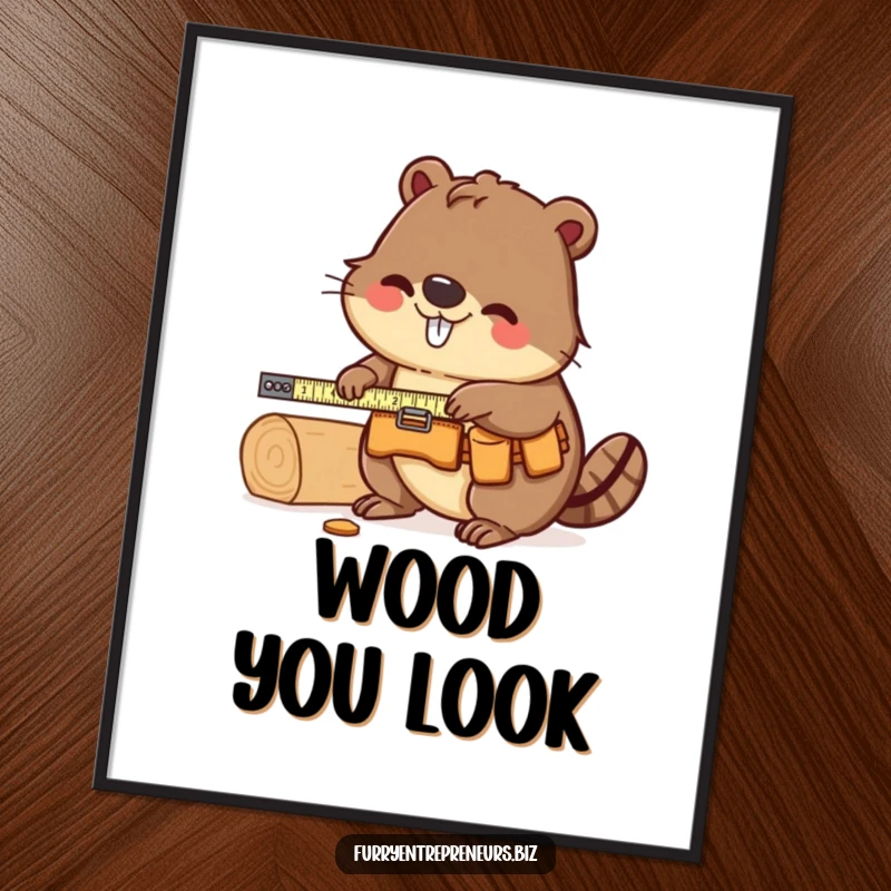 Funny Beaver Carpenter Poster: A humorous depiction of a beaver wearing a tool belt and measuring wood, ideal for adding a funny, workshop vibe.
