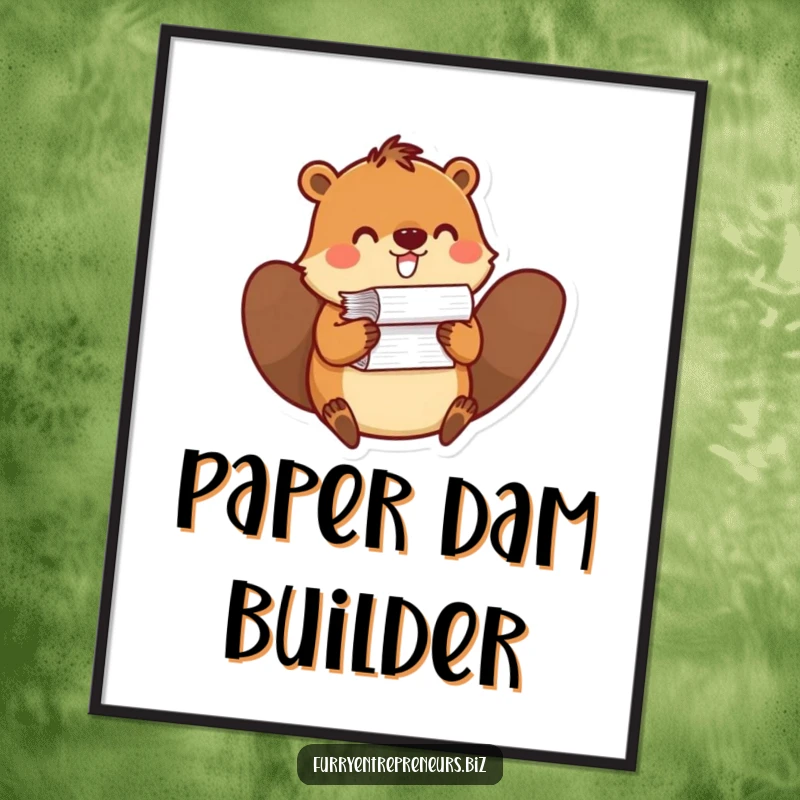 Funny poster art of a beaver balancing a tall stack of papers, symbolizing industriousness and the humorous side of office documentation.