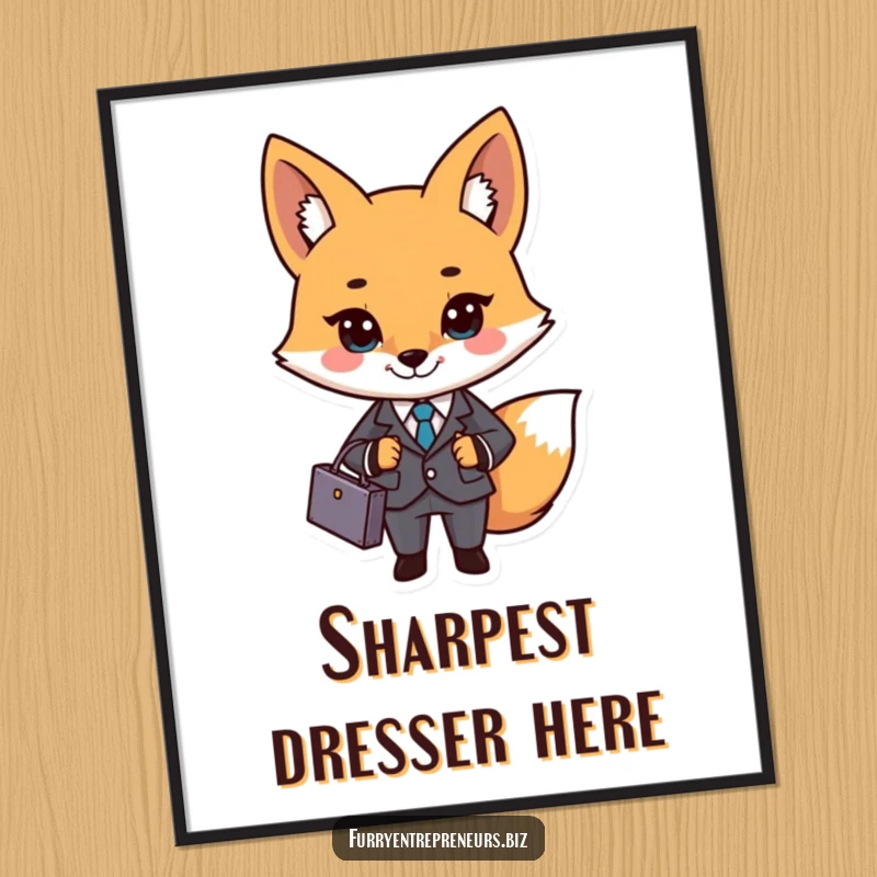 Funny business fox character in a suit and briefcase depicted on a poster, adding professional charm and humor to decor.