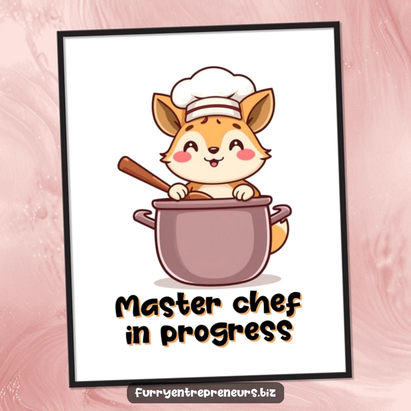 Funny chef animal poster depicting a joyful character in a chef hat, enthusiastically stirring a large pot.