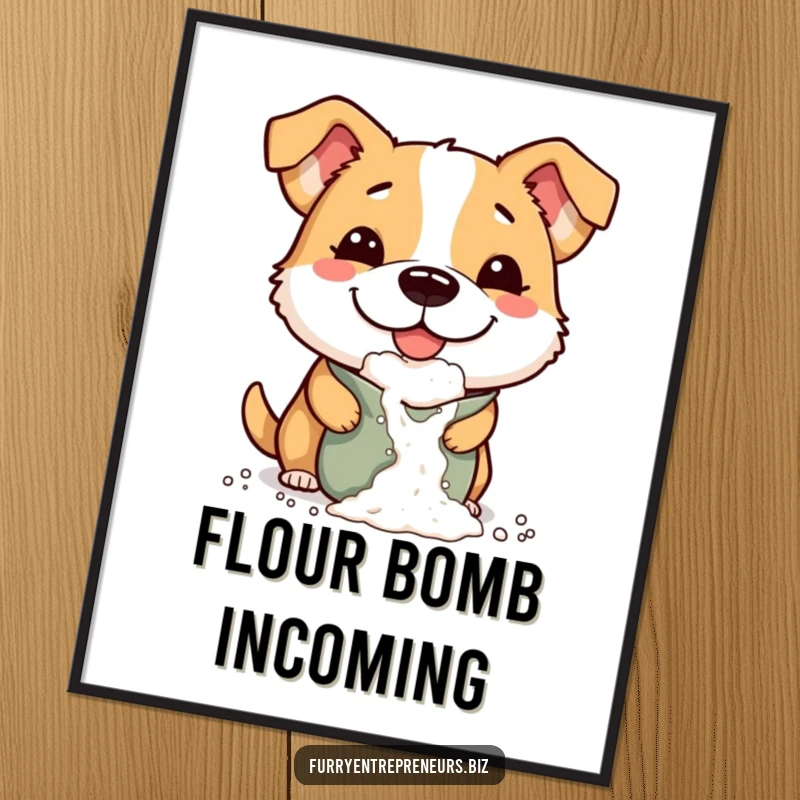 Funny poster art of a mischievous dog with a comically wide smile, dropping flour from a bag, celebrating delightful mess.