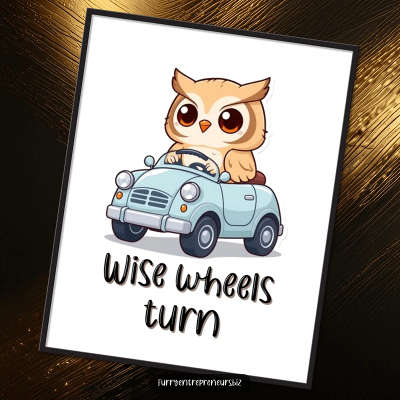 Funny poster art of a cute owl driving a tiny toy car, bringing playful energy and adorable animal humor to wall decor.