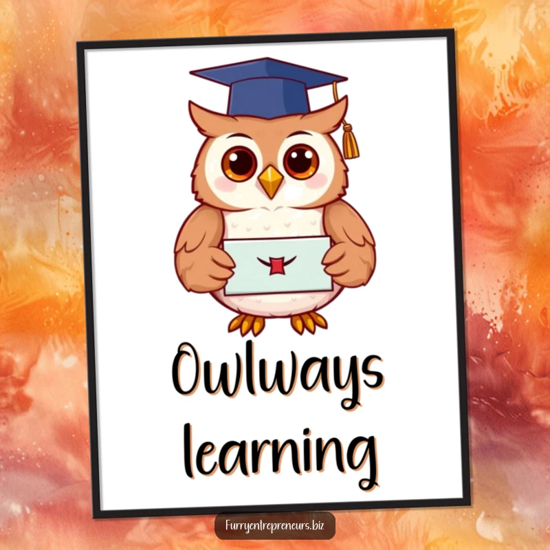 Funny poster featuring a wise owl wearing a graduation cap and holding a diploma, embodying academic success and humor for wall decor.