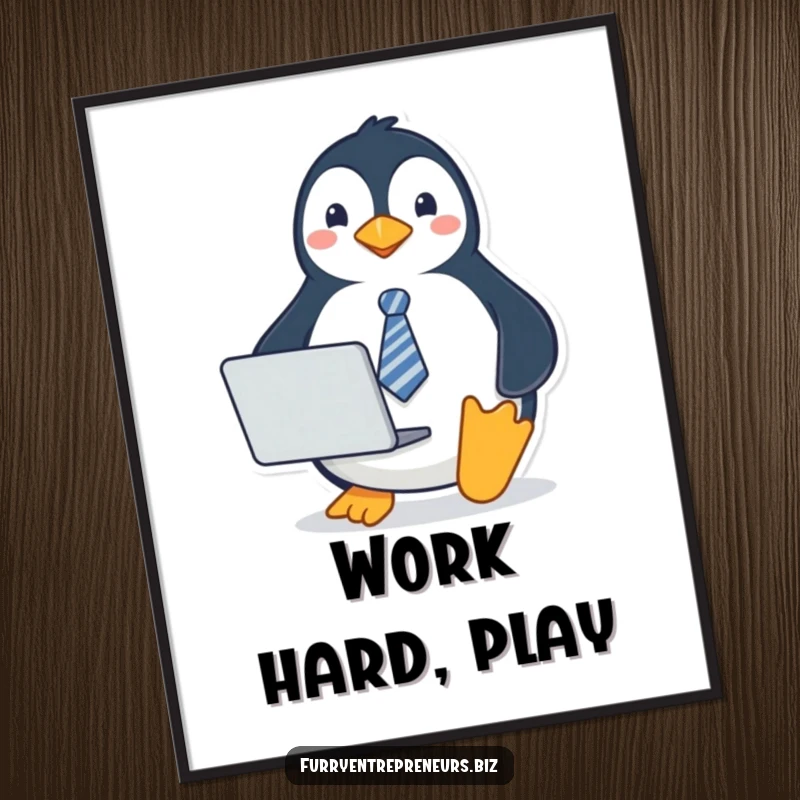 Funny penguin poster featuring a penguin wearing a tie and holding a laptop, adding a touch of professional wit to wall art.