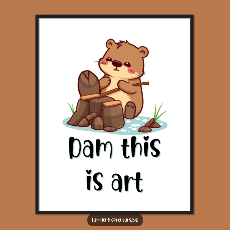 Funny Poster: Beaver Building Tiny Dam - Whimsical Wall Art Gift!