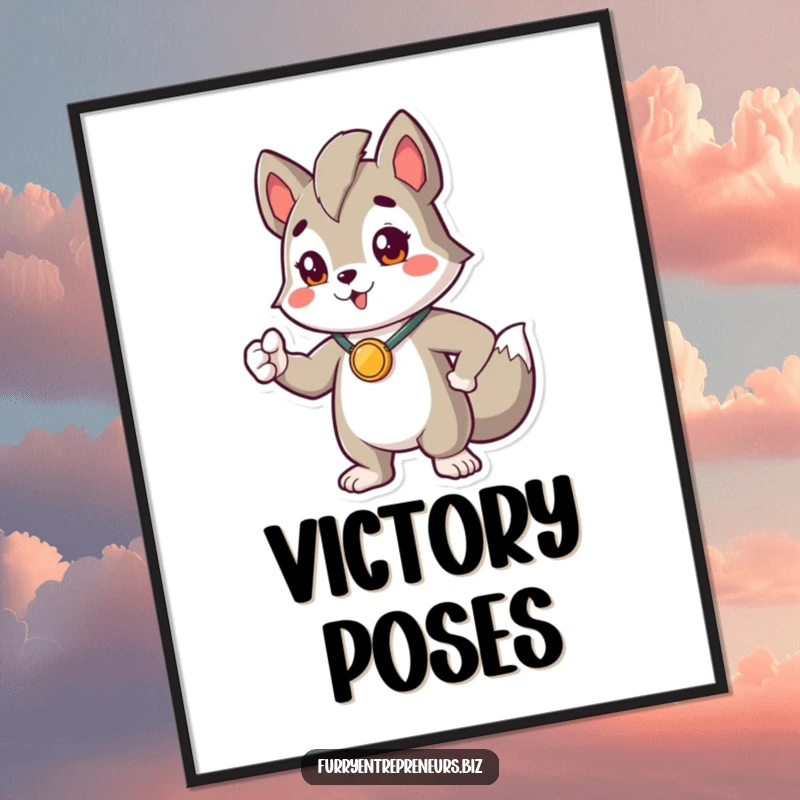 Funny poster art of a proud animal character in a heroic pose, wearing a small medal, exuding confidence and accomplishment.
