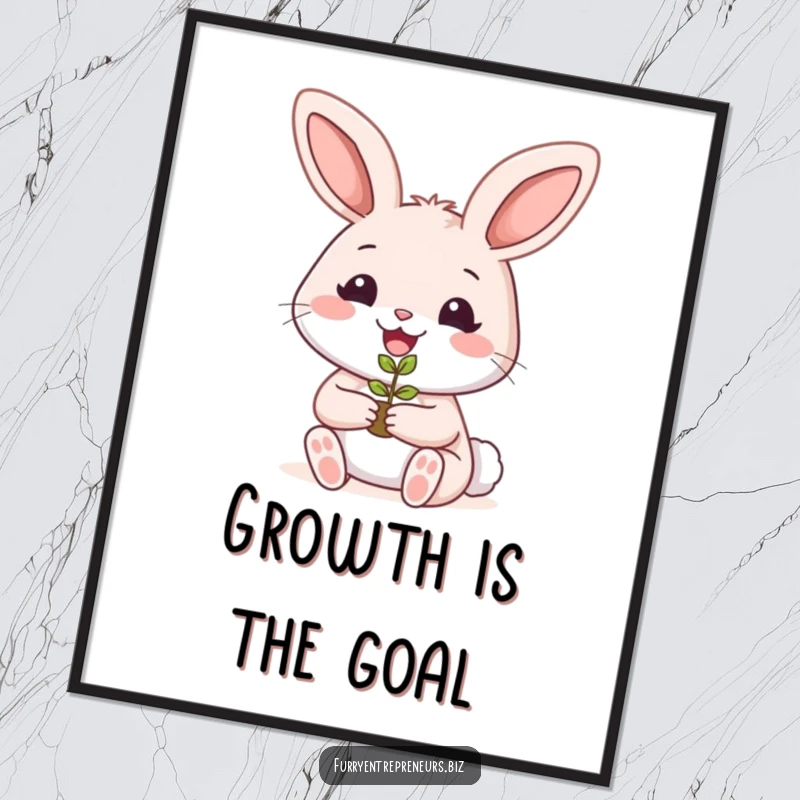 Funny rabbit gardener poster featuring a smiling bunny holding a tiny plant seedling, radiating nature's joy.