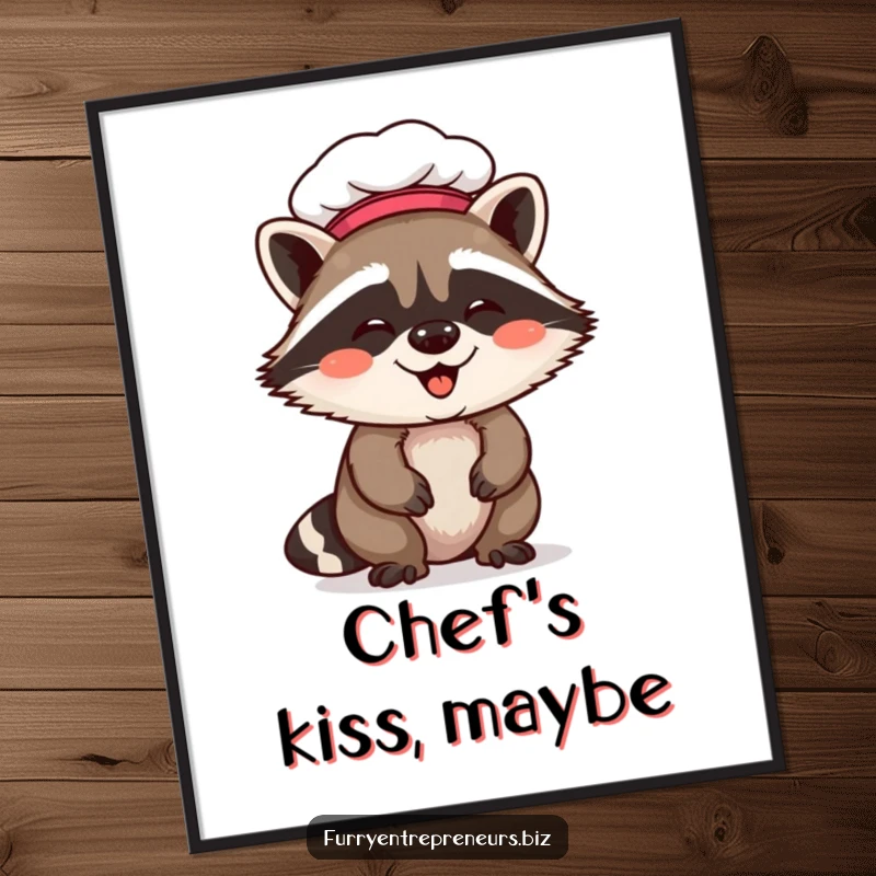 Funny raccoon chef poster featuring a giggling raccoon wearing a chef hat, perfect for adding whimsical and humorous culinary art.
