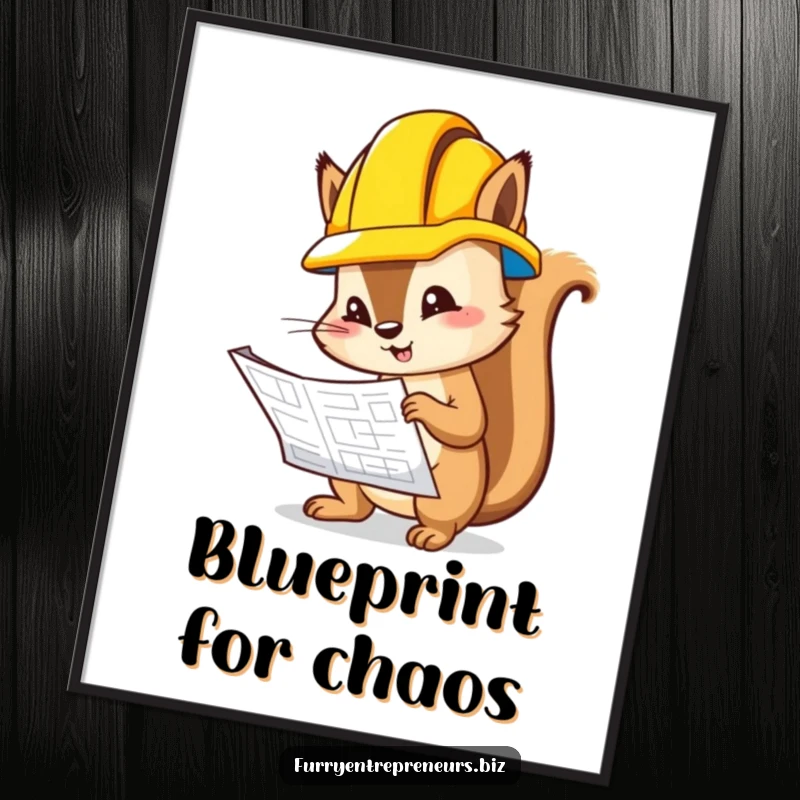 Funny squirrel construction inspector wearing a hard hat, scrutinizing a blueprint on a wall poster.