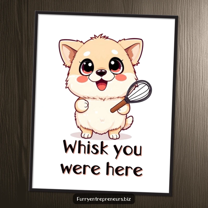 Funny poster art of a fluffy dog with wide, excited eyes, joyfully holding a whisk, perfect for a cheerful kitchen.