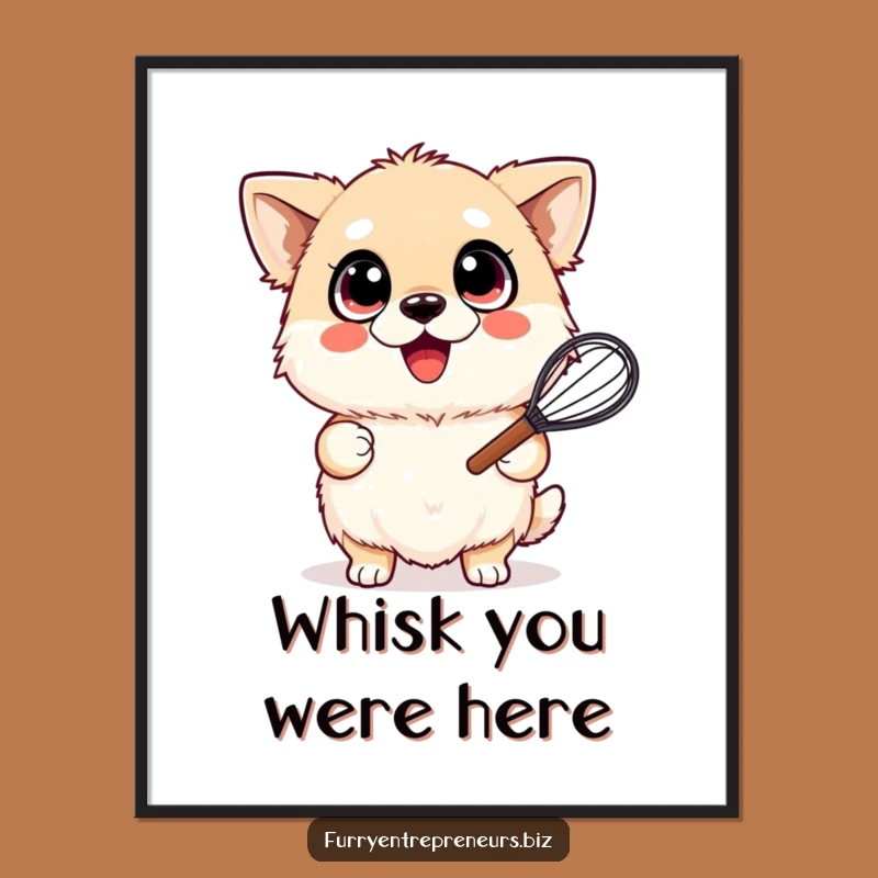 Funny Whisking Dog Poster: Cheerful Fluffy Pup Art, Unique Funny Gift for Kitchen Decor