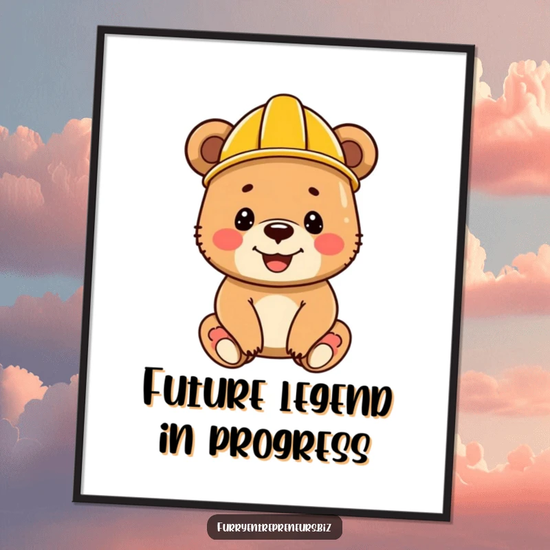 Funny bear cub wearing a tiny construction helmet, radiating happiness, presented as cheerful wall art.