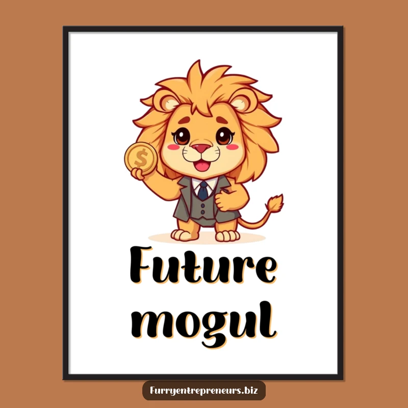 Funny Lion Suit Poster: Brave Business Beast Holding Coin, Hilarious Wall Art Gift!