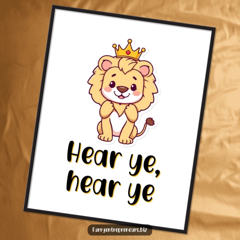 Funny proud lion wearing a miniature crown, accepting applause, a humorous poster for wall decor and funny gifts.
