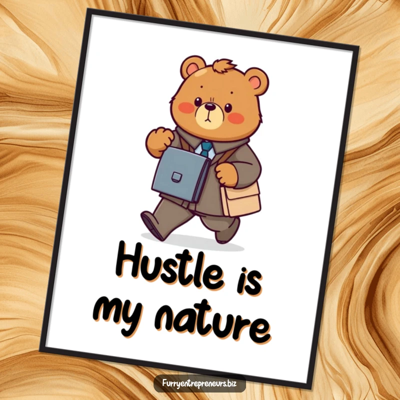 Funny bear business poster featuring a determined animal power walking with a briefcase, radiating focus.