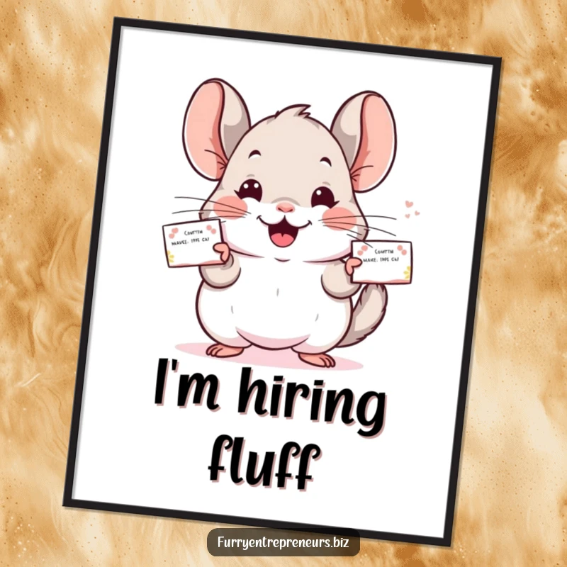 Funny Chinchilla poster featuring a happy character in the act of distributing business cards, a comical artwork.