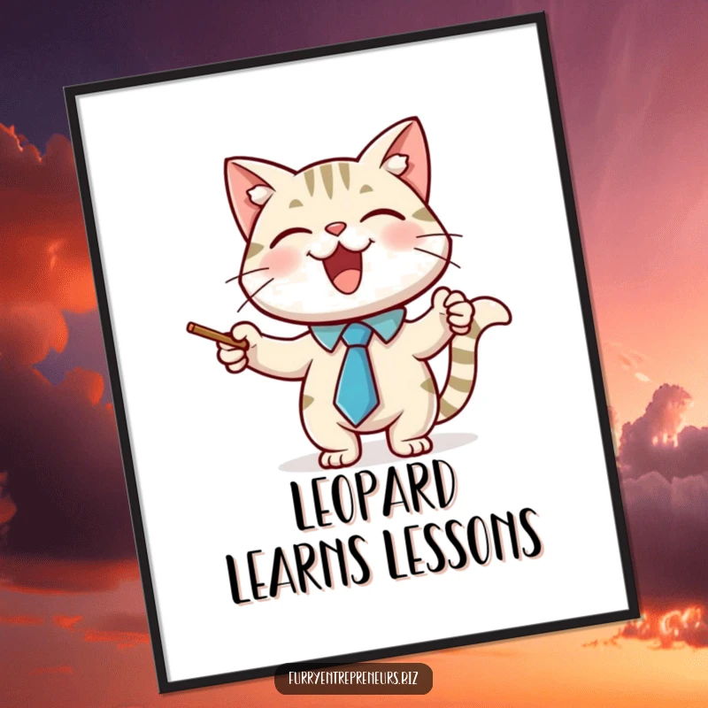 Funny poster of a joyful cat character wearing a necktie and using a pointer stick, embodying academic charm.