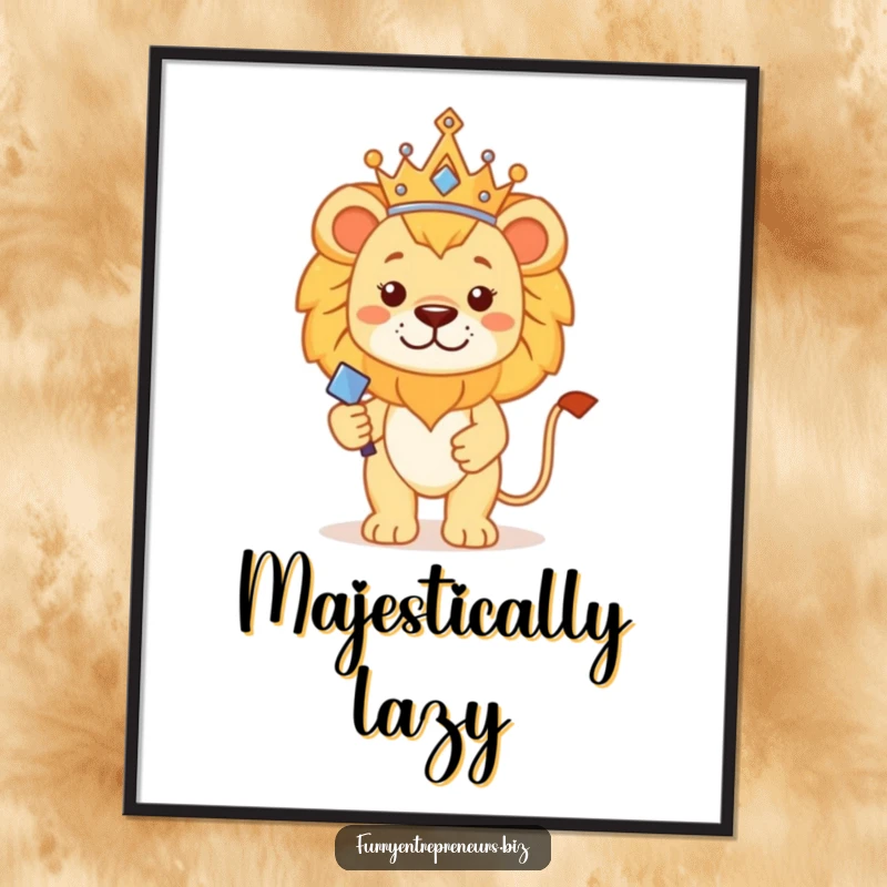 Funny lion king poster showing a proud lion wearing a tiny crown and holding a scepter, a humorous piece of wall art.