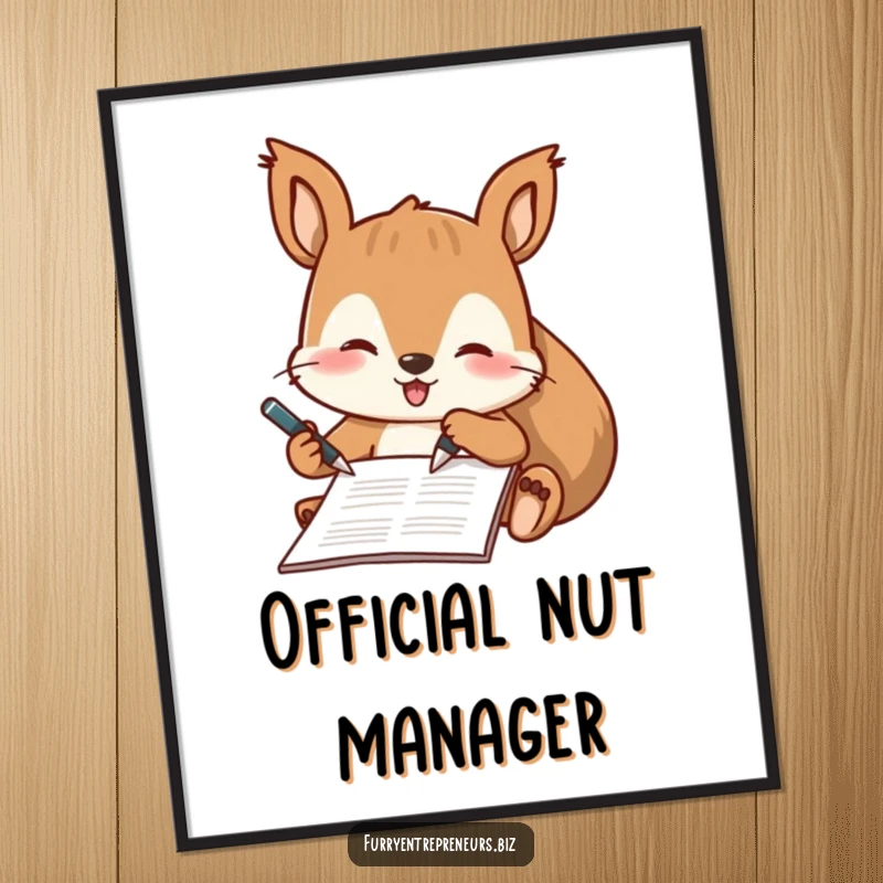Funny poster of a playful squirrel character signing a document with a tiny pen, exuding professional and cute energy.