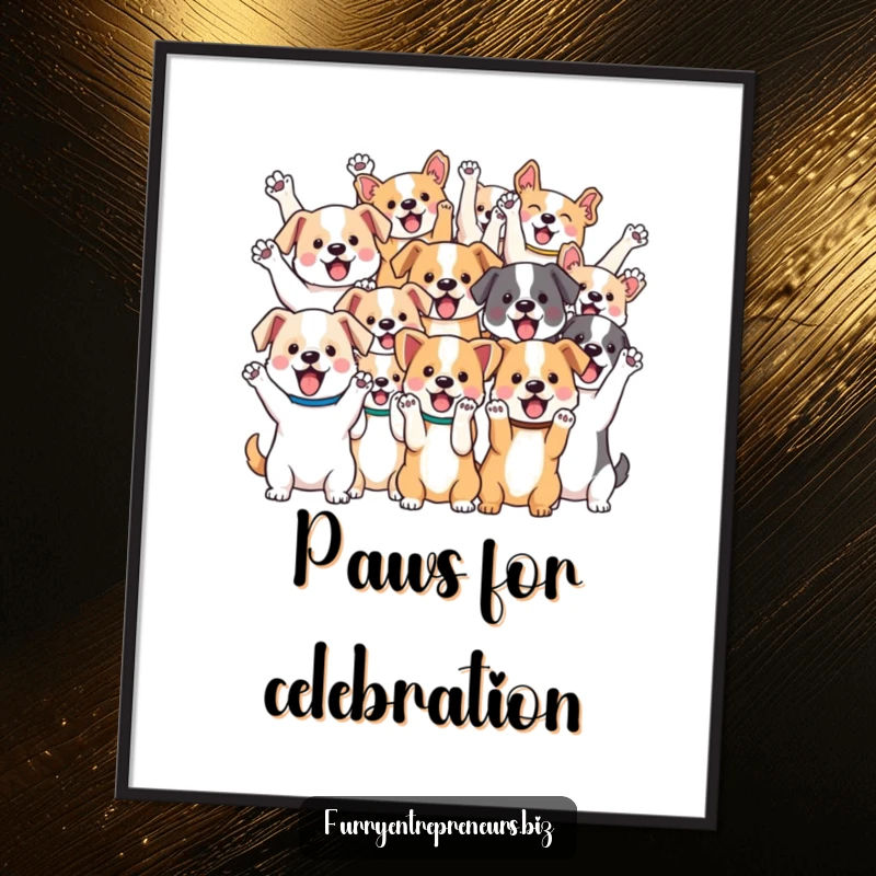 Funny poster art of various kawaii dogs eagerly cheering with their paws up in the air, embodying pure celebration.