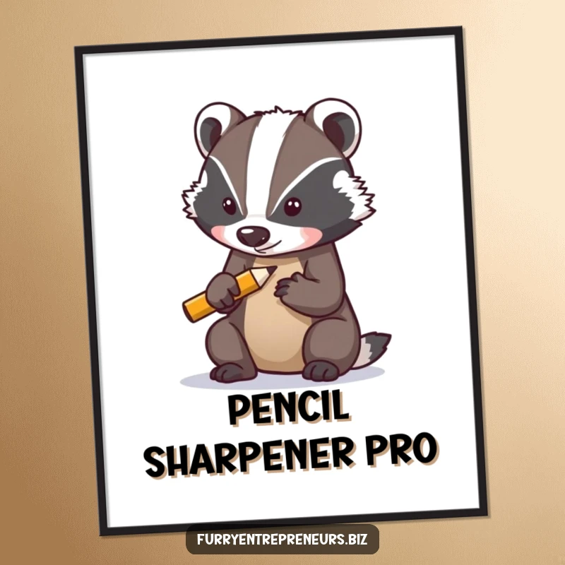 Funny poster depicting a determined badger character sharpening a tiny pencil, ideal for adding humorous and motivational wall decor.