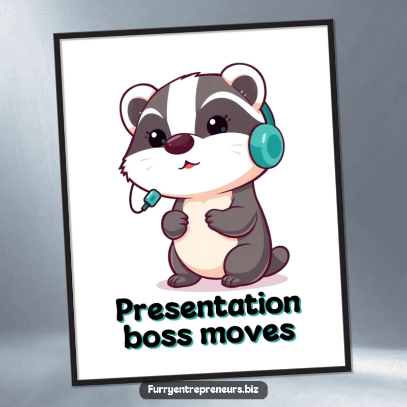 Funny badger poster featuring a focused badger in a headset, giving a presentation, perfect for adding motivational and humorous art.