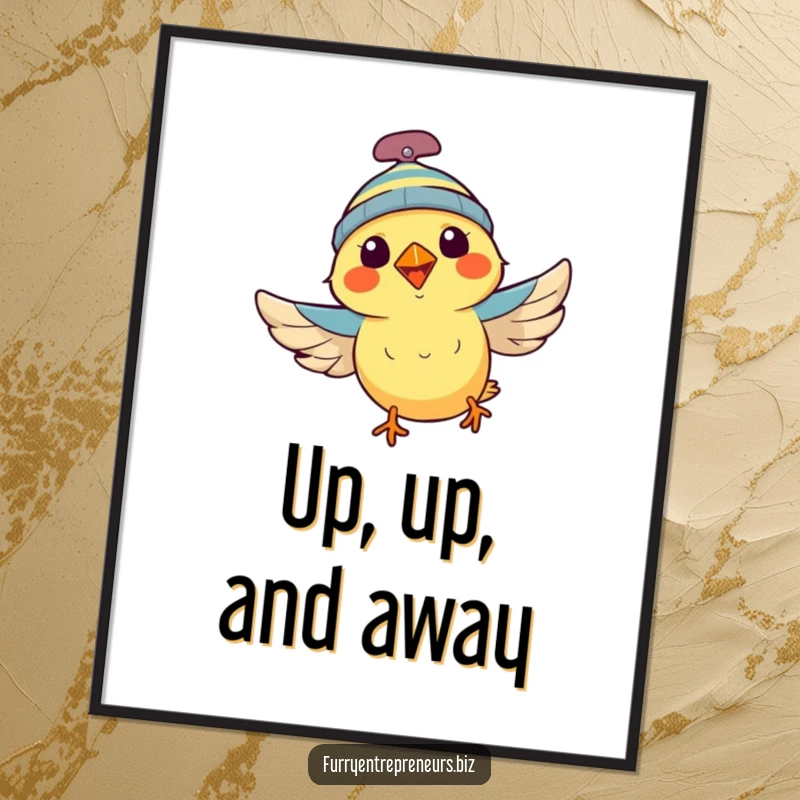 Funny bird wearing a propeller beanie, flying with excitement, depicted as wall art poster, representing freedom and joy, a funny gift.