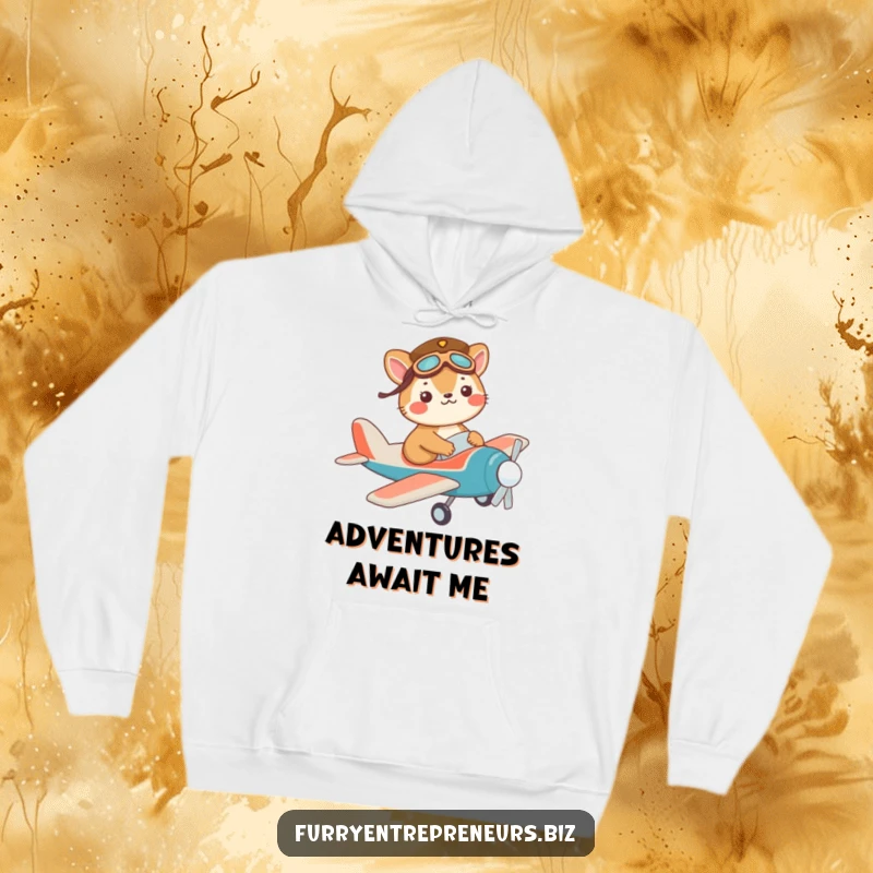 Funny pilot animal hoodie depicting a mischievous character in a tiny pilot hat, soaring in a toy plane.