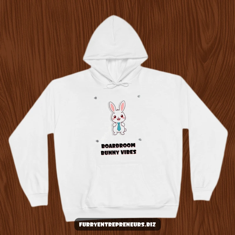 Funny hoodie showcasing a happy rabbit in a tiny tie, presenting on a whiteboard, symbolizing smart ideas and presentations.
