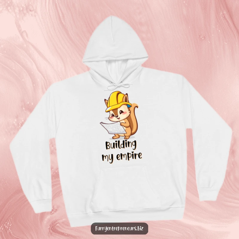 Funny squirrel wearing a hard hat, thoughtfully inspecting a detailed blueprint, perfect for cozy humor.