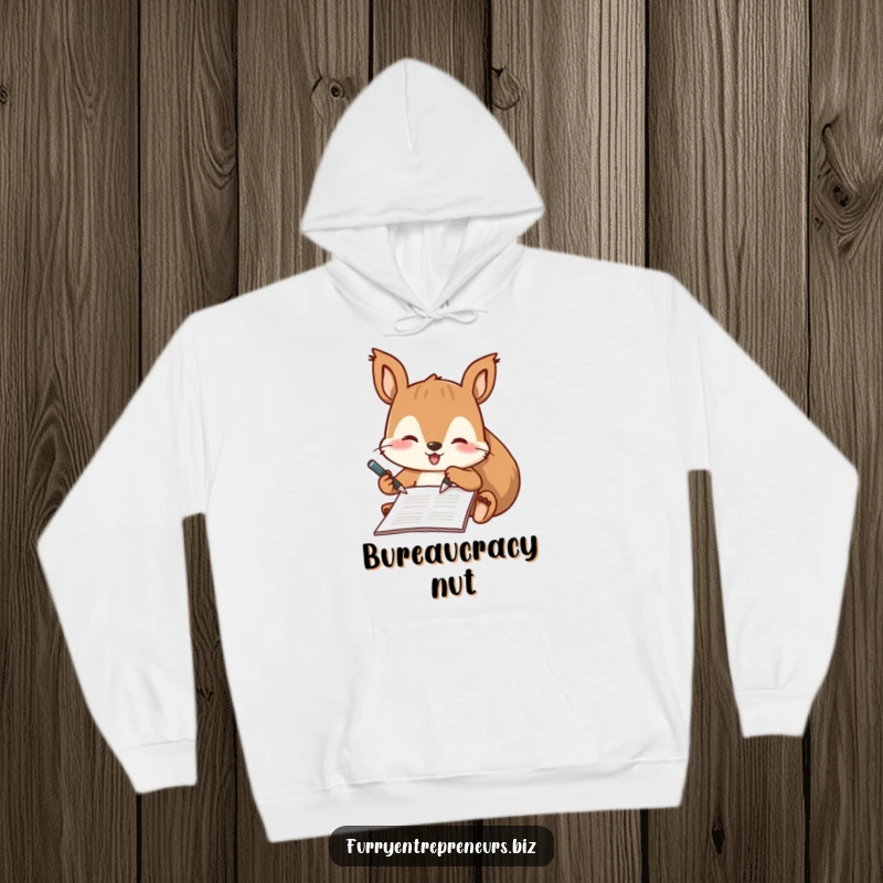 Funny hoodie featuring a playful squirrel character signing a document with a tiny pen, looking very official and cute.