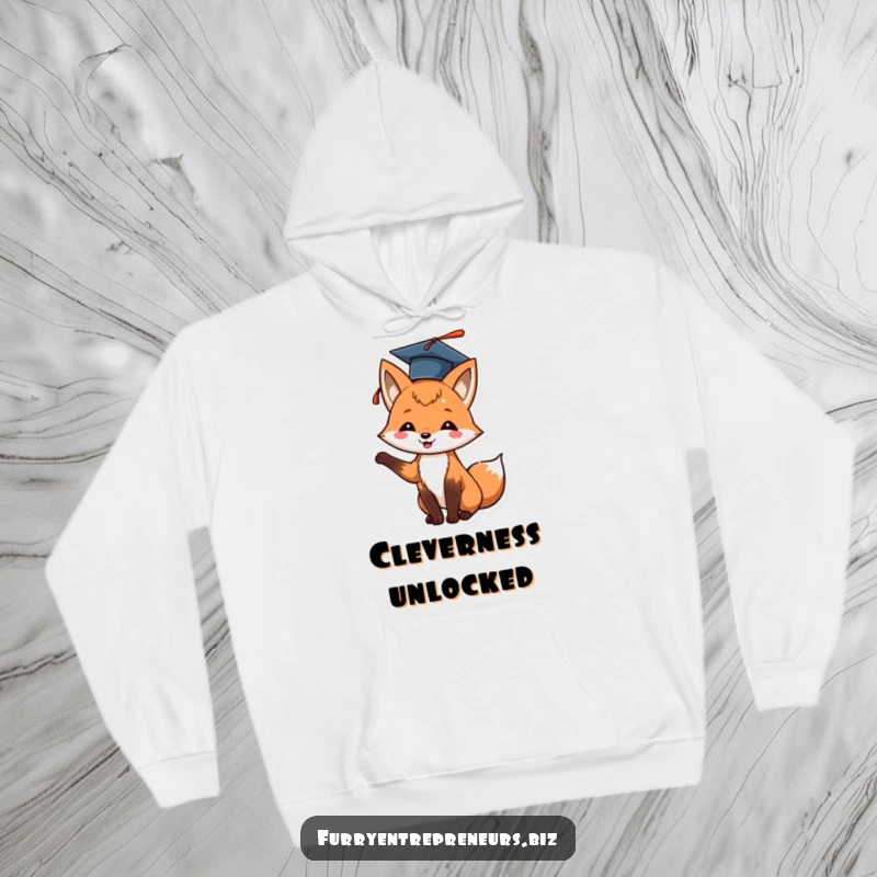 Funny fox hoodie with a graduation cap tossed upwards, expressing cheerful pride and the joy of learning.