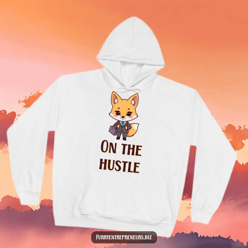 Funny business fox character in a tiny suit and briefcase on a hoodie, offering cozy warmth and professional humor.