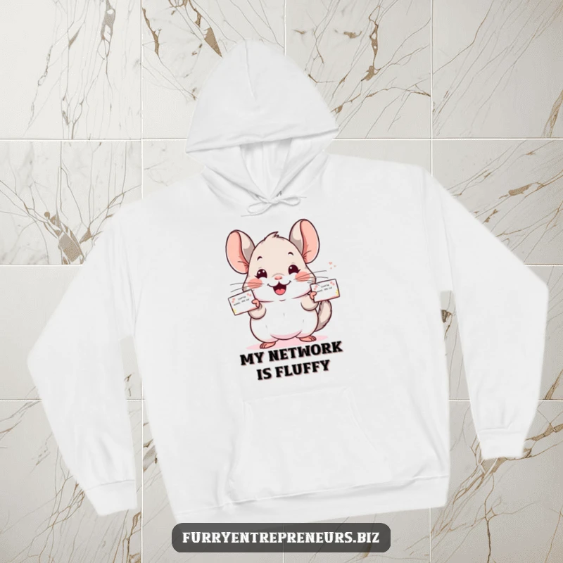 Funny Chinchilla hoodie showing a friendly animal character expertly distributing business cards, radiating professional charm.