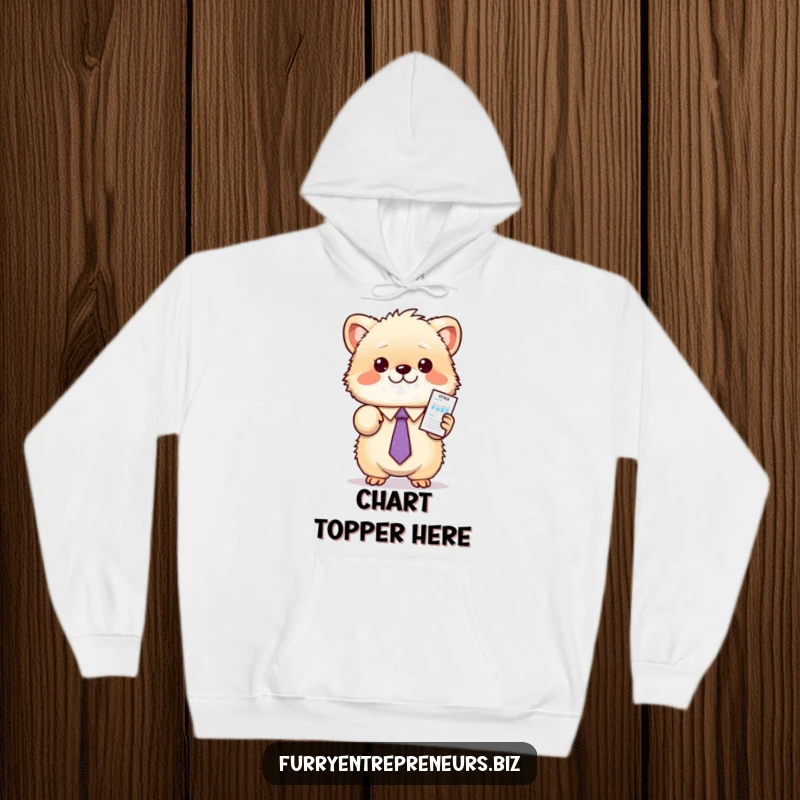 Funny animal hoodie featuring a fluffy creature in a tie, enthusiastically presenting a miniature stock chart, offering warm and humorous style.