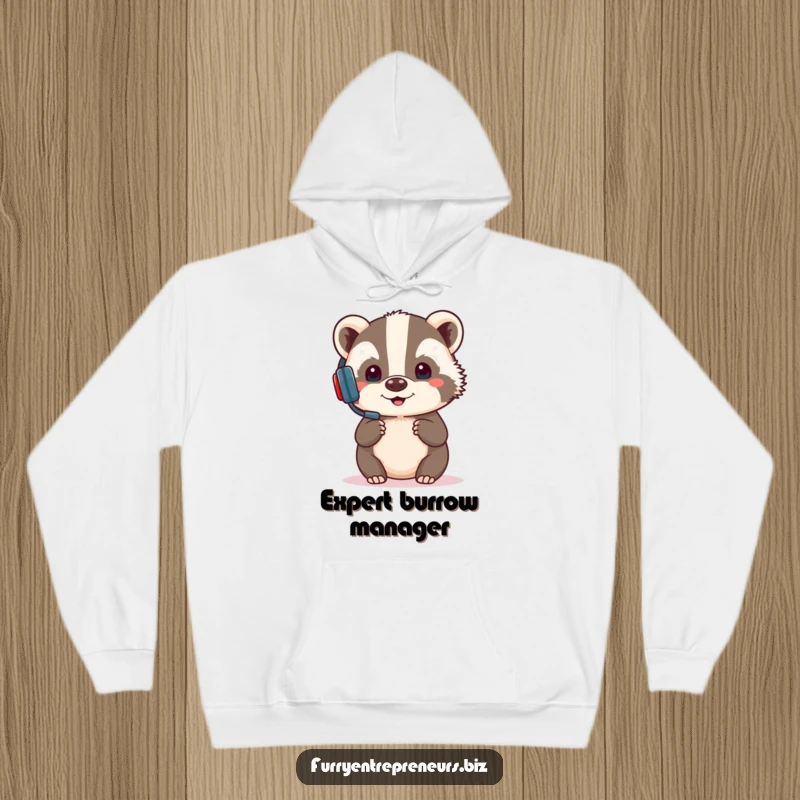 Funny hoodie showcasing a focused badger in a headset, presenting with humorous intensity, offering cozy comfort and professional wit.