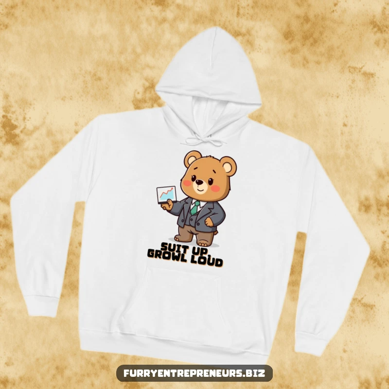 Funny bear hoodie, wearing a tiny business suit, presenting a statistical graph with mock importance.