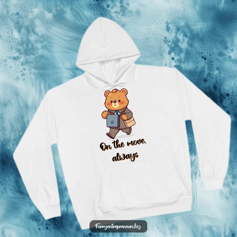 Funny bear hoodie with a determined animal power walking with a briefcase, ideal for cozying up.