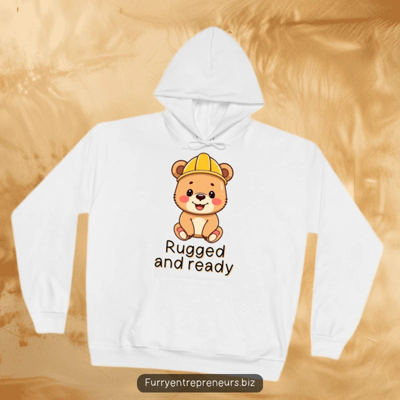 Funny bear cub sporting a tiny construction helmet, looking cheerful and cozy in a comfortable hoodie.