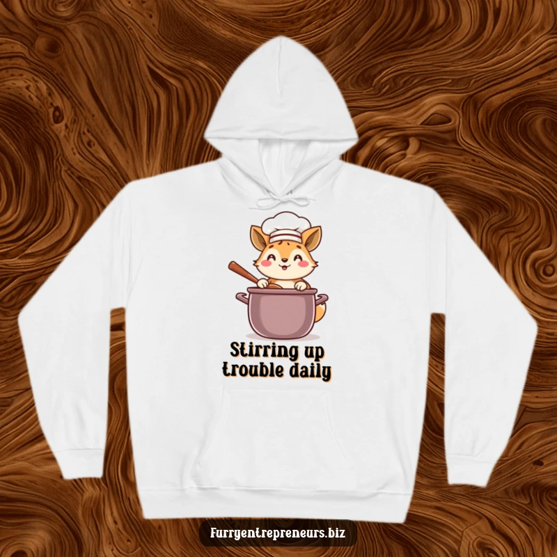 Funny chef animal hoodie showcasing a happy character in a chef hat, stirring a large pot with glee.