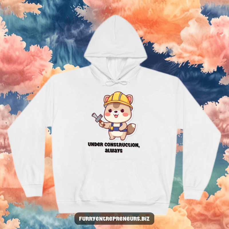 Funny Construction Animal Hoodie: A happy animal in a construction helmet holds a tool, offering warmth and cheerful DIY spirit as a funny gift.