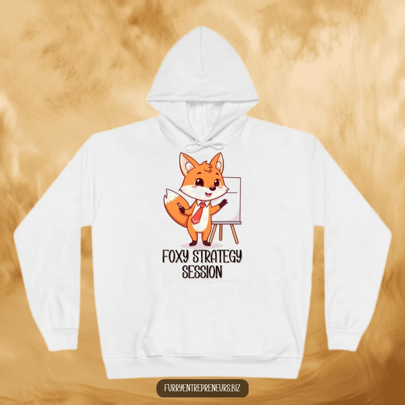 Funny fox hoodie, wearing a tie, pointing animatedly at a full whiteboard, explaining a concept.