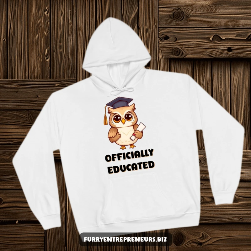 Funny owl wearing a graduation cap and diploma, on a comfortable hoodie, embodying academic achievement, a great funny gift.