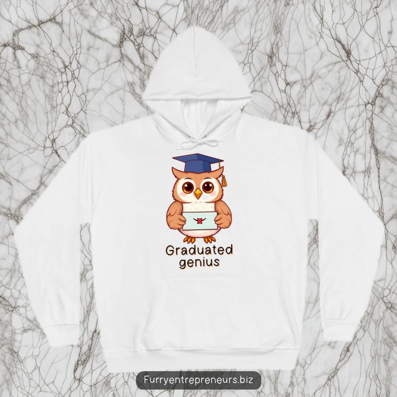 A humorous depiction of a wise owl wearing a graduation cap and holding a diploma, offering comfortable and funny academic attire on a hoodie.