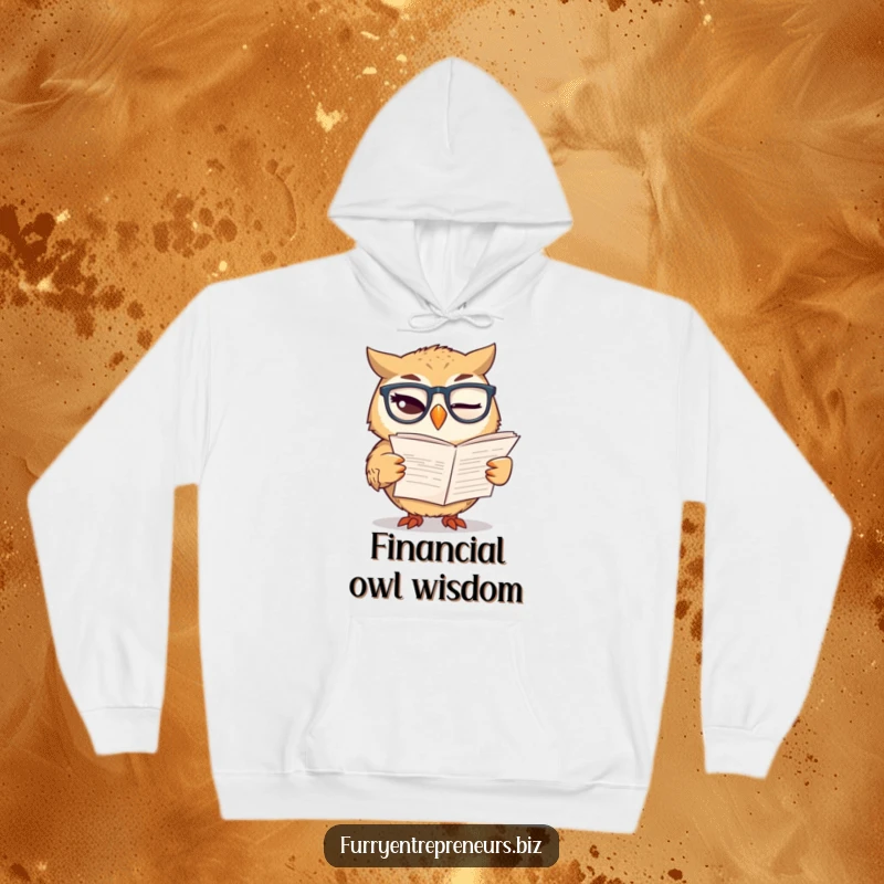 Funny hoodie showcasing a winking owl with glasses, reading a financial report, symbolizing knowledge and financial acumen.