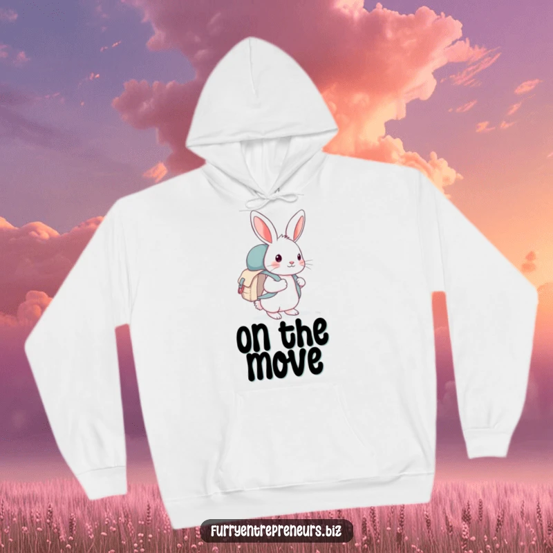 Funny rabbit with a small backpack embarking on an exploration, a cozy hoodie design, ideal for outdoor enthusiasts and gift shoppers.
