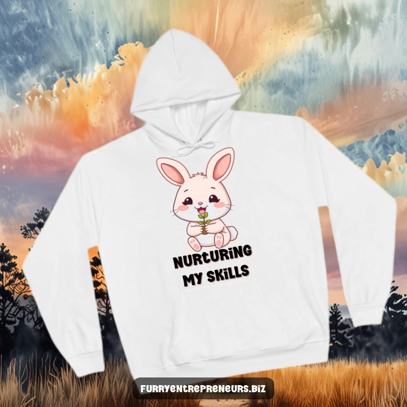 Funny rabbit hoodie with a smiling bunny holding a tiny plant seedling, ideal for cozying up.